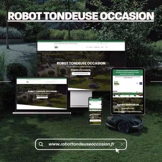 Infographie avec différents format d'écran représentant le résultat du travail de Keiyo avec Robot Tondeuse Occasion