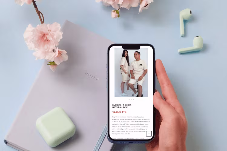 Site d'Ananda affiché sur écran mobile posé à côté d'une rose sèche